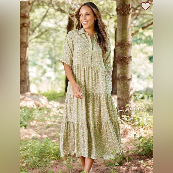 Ella Simone Green Floral Ruffled Tiered Maxi Dress MP Pockets 100% Rayon New! - Picture 7 of 16